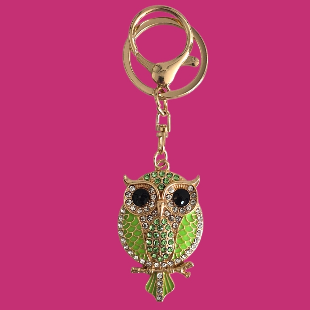 Whimsical Green Crystal Owl Bag Charm /Keychain